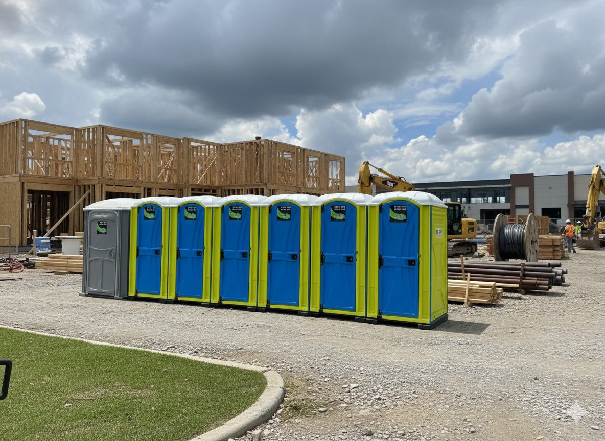Row of porta potties in a construction site