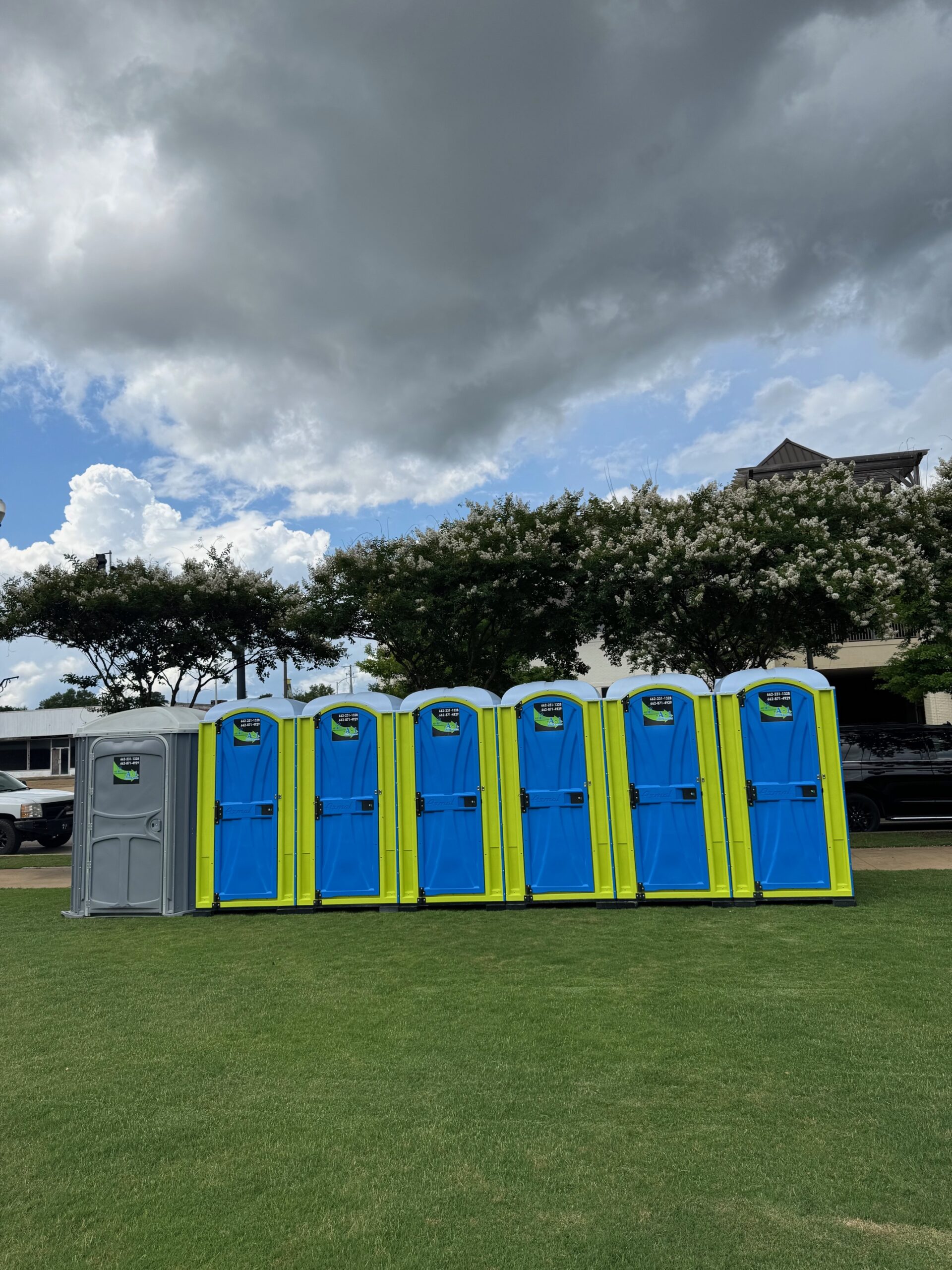 Row of Porta Potties in a park at a slanted angled